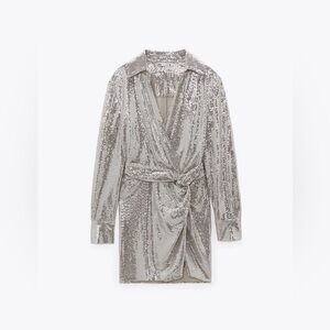 NWT Zara Silver  Sequin Wrap Knot Dress L
